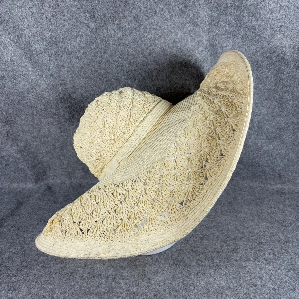 Nine West Womens Wide Brim Floppy Sun Hat OS Cream Crochet Straw Beach Summer